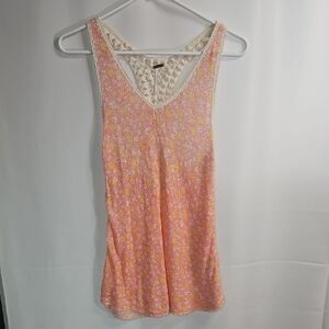 Free People Abstact Crocheted Lace-Trimmed Pink And Yellow Top